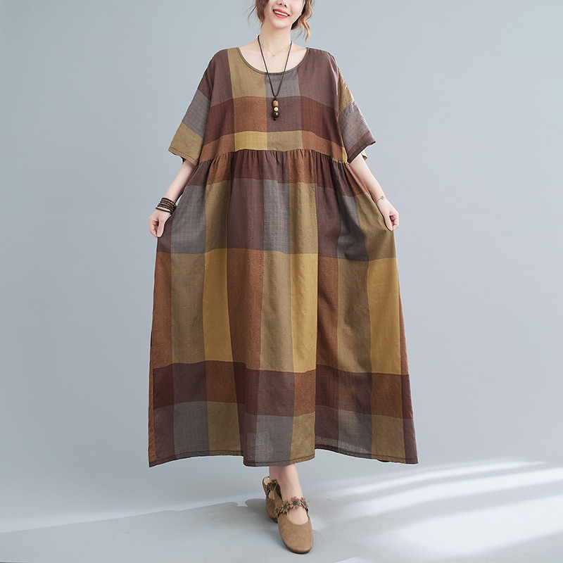 2022 summer new retro artistic plus size chubby girl loose slimming plaid printed short sleeve long
