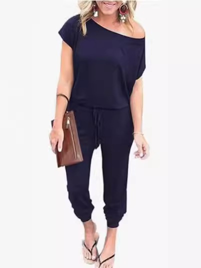 Picture of 2024 European and American Cross-border Spring and Summer Fashion Slanted Shoulder Short-sleeved Flap Pocket Pants Women's Jumpsuit