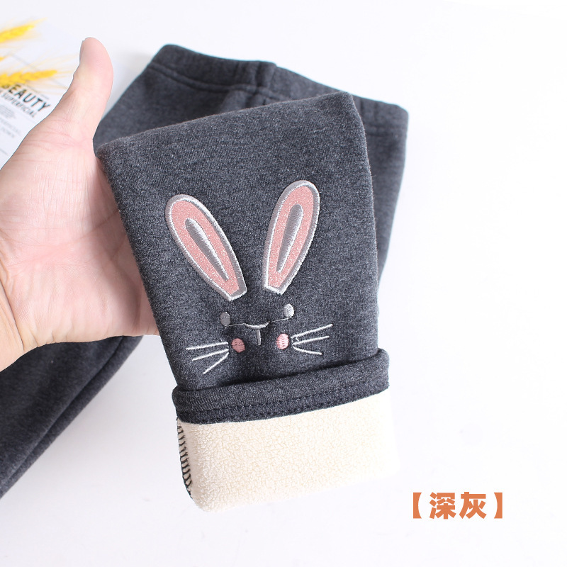Picture of Winter Girls' Fleece-Lined Pure Cotton Children's Autumn and Winter Pants with Cartoon Bunny Embroidery, Thickened and Warm Baby Trousers