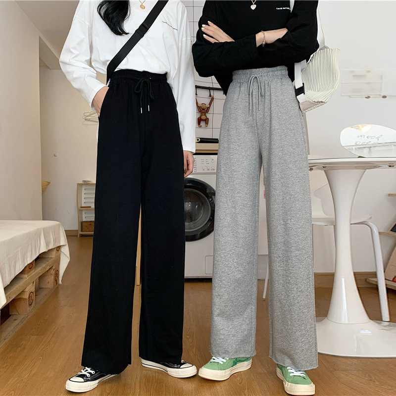 Solid color sports pants women's loose straight autumn Girls High waist draping student slimming versatile thin casual pants women
