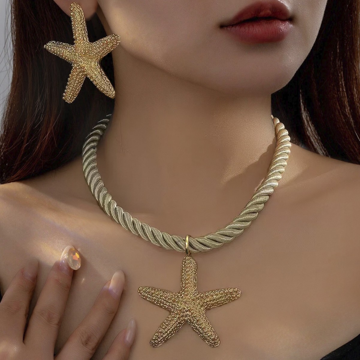 Europe and the United States cross-border supply of marine holiday wind exaggerated starfish hemp necklace earrings suit ladies design jewelry
