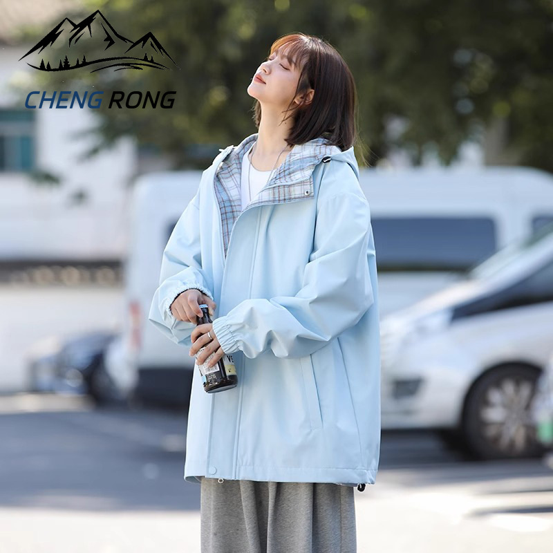 Charge Windbreaker Coat Women's 2024 Spring and Autumn Loose Hooded Windproof Color Contrast Plaid Outdoor Casual Sports Top