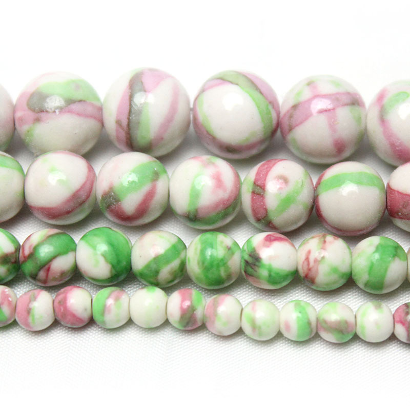 Picture of Pink green white rain colored stone round beads diy handmade beaded bracelet jewelry accessories woven material loose beads wholesale