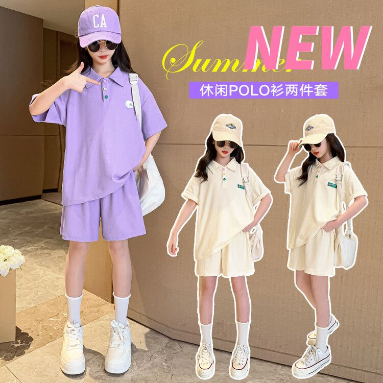 Europe and the United States export girls summer POLO shirt suit 2024 children's clothing lapel T-shirt children's pants two-piece set