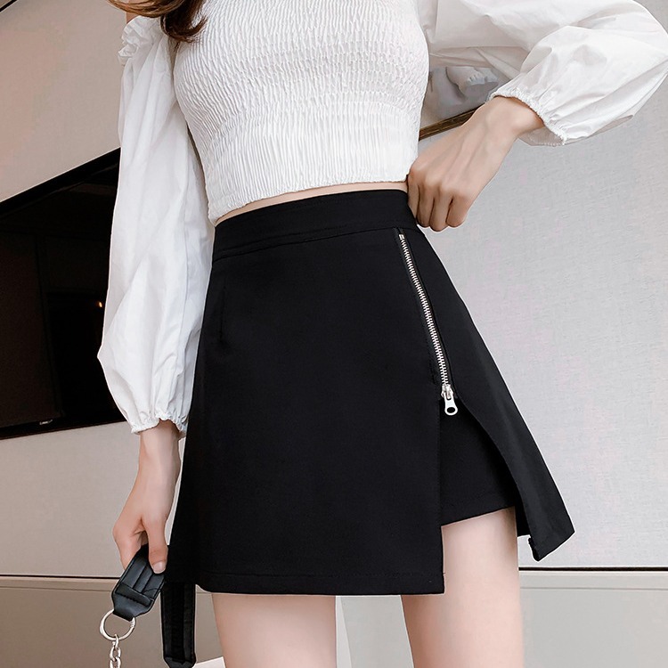 2023 Summer new design fashionable zipper black sheath short skirt high waist irregular skirt pants