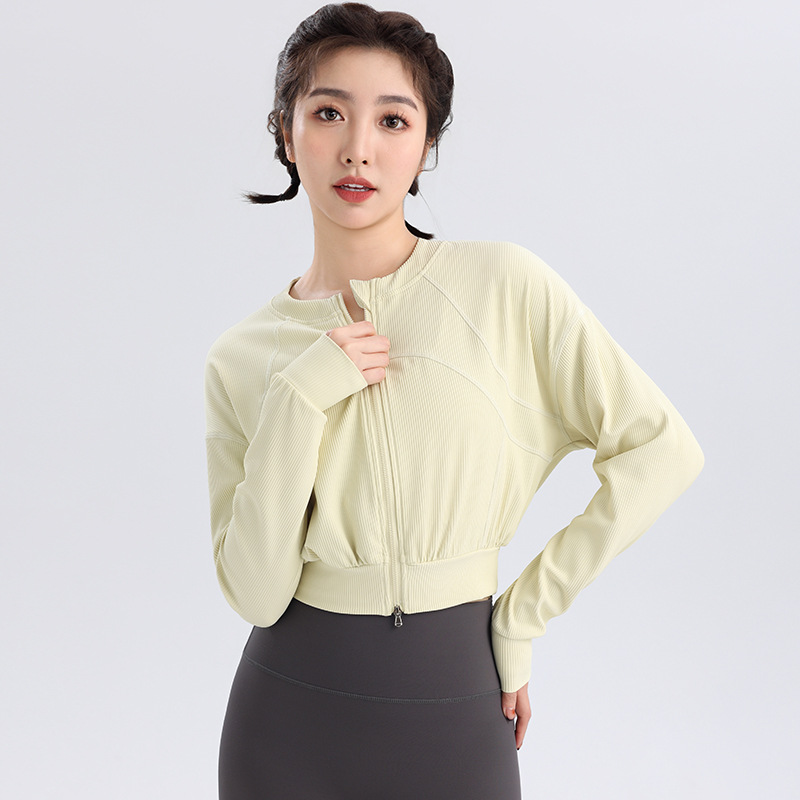 Threaded Autumn and Winter Sports Outwear Women's Long-Sleeved Yoga Wear Zipper Cardigan Round Neck Slim Outdoor Top Fitness