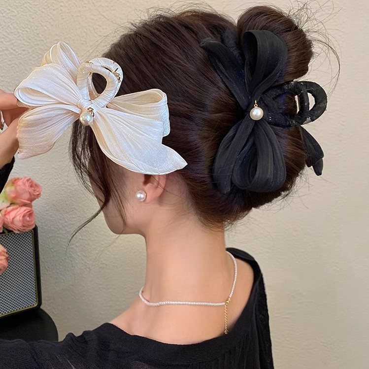 Pleated Bow Pearl Hair Clip Women's Back of Head Disc Hair Clip Large Shark Clip 2024 New Fashion Hair Accessories