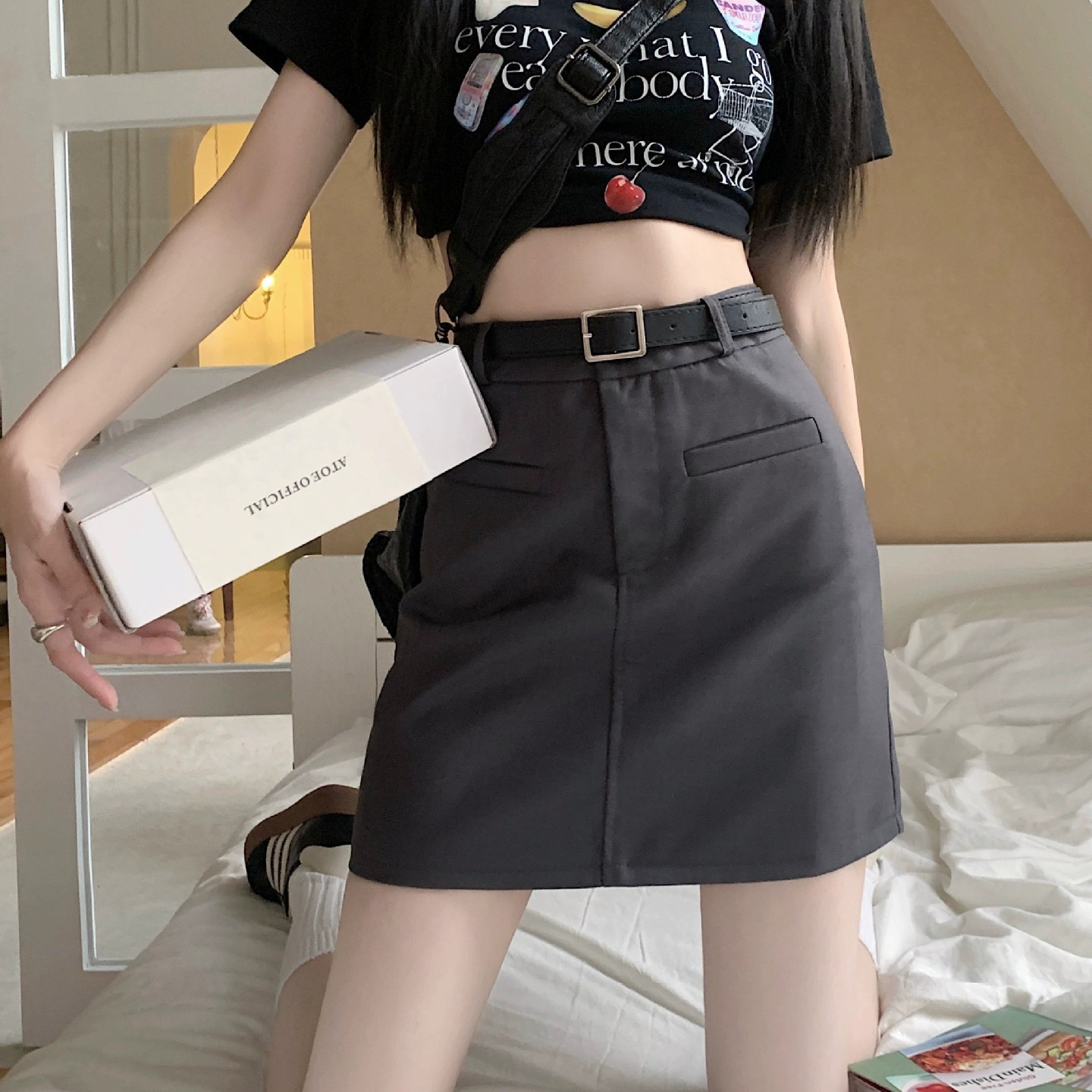 All-match hot girl high waist A- line summer women's 2024 gray suit skirt college style sheath skirt New