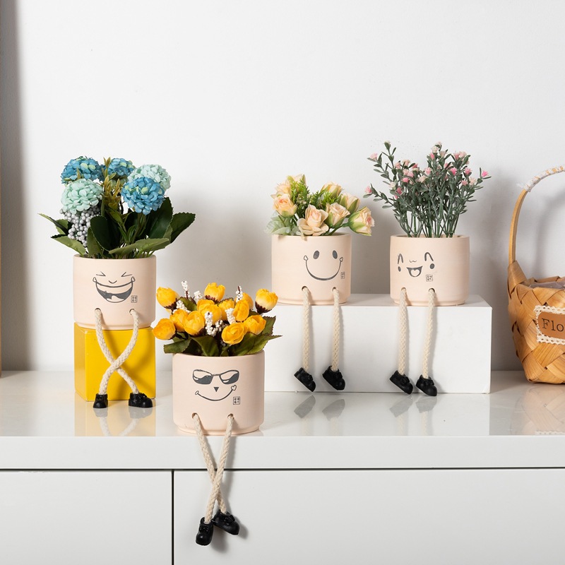Picture of Creative Expression Hanging Feet Doll Ceramic Flower Pot Artificial Flower Potted Plant Green Plant Indoor Balcony Desktop Decoration Crafts