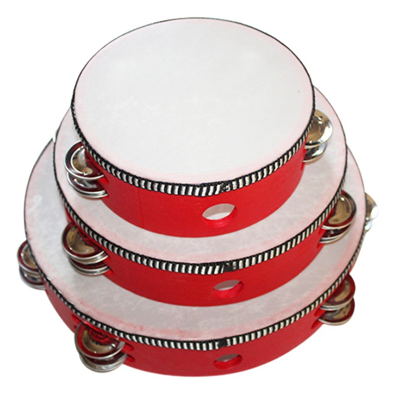 Picture of Wooden Double Row Tambourine Kidsren's Tambourine Percussion Instrument Imitation Goatskin Hand Drum Rattle Orff Musical Instrument Teaching Aids