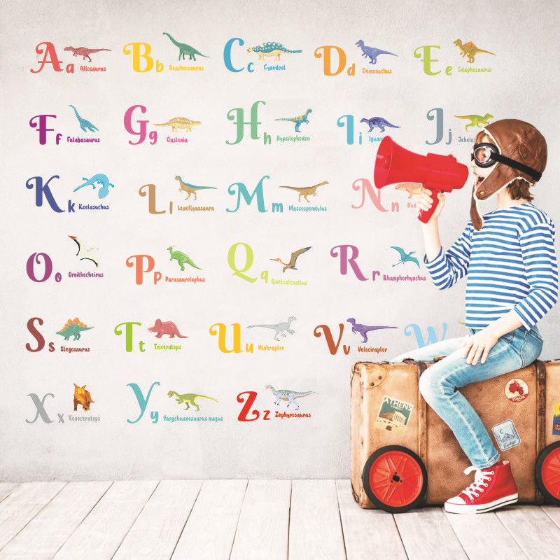 26 letters cartoon dinosaur wall stickers children's room wall decoration entrance Enlightenment stickers PVC animal stickers