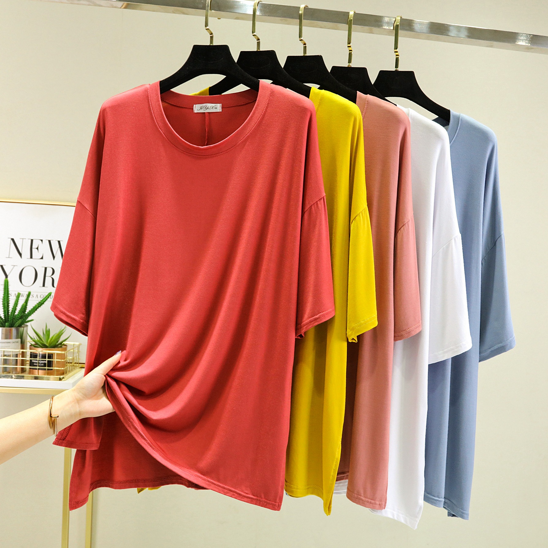 Spring New loose round neck short sleeve t-shirt women's summer plus size chubby girl modal loose solid color bottoming shirt top