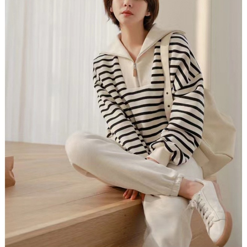 2024 Spring and Autumn New Navy Collar Casual Sweater Women's Striped Shirt plus size Design Niche Long Sleeve T-Shirt Top