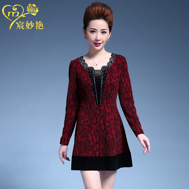 Chen Miaoyan middle-aged and elderly women's dress long velvet stitching long sleeve Korean plus size base skirt wholesale