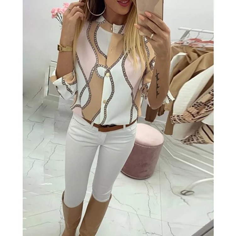 Picture of 2019 European and American wish Amazon autumn and winter chain Printed Lapel long sleeve shirt women's spot