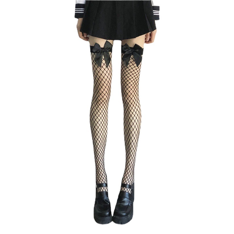 Bow over knee socks JK fishnet socks women cute black stockings Net popular ins tide black stockings wholesale