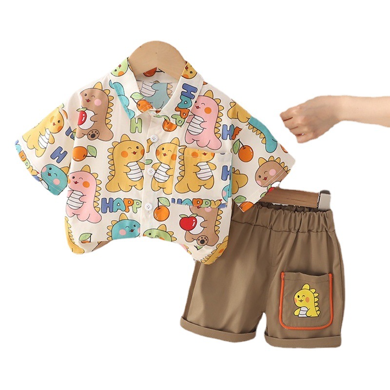 Boys Summer Stylish Short-sleeved Suit Year New Fashion Full Print Cartoon Shirt Children's Dinosaur Shirt Two-piece Set