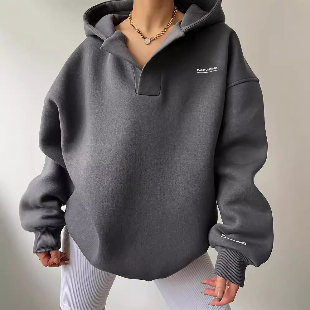2024 European and American Cross-border New Lazy Hooded Printed Long-sleeved Basic All-match Sweater Amazon V-neck Sweater
