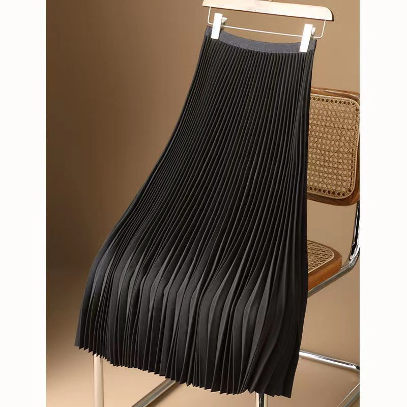 Picture of Cross-border Satin Solid Color Pleated Skirt 2025 Summer Thin Mid-length Over-the-knee High Waist A- line Skirt Skirt
