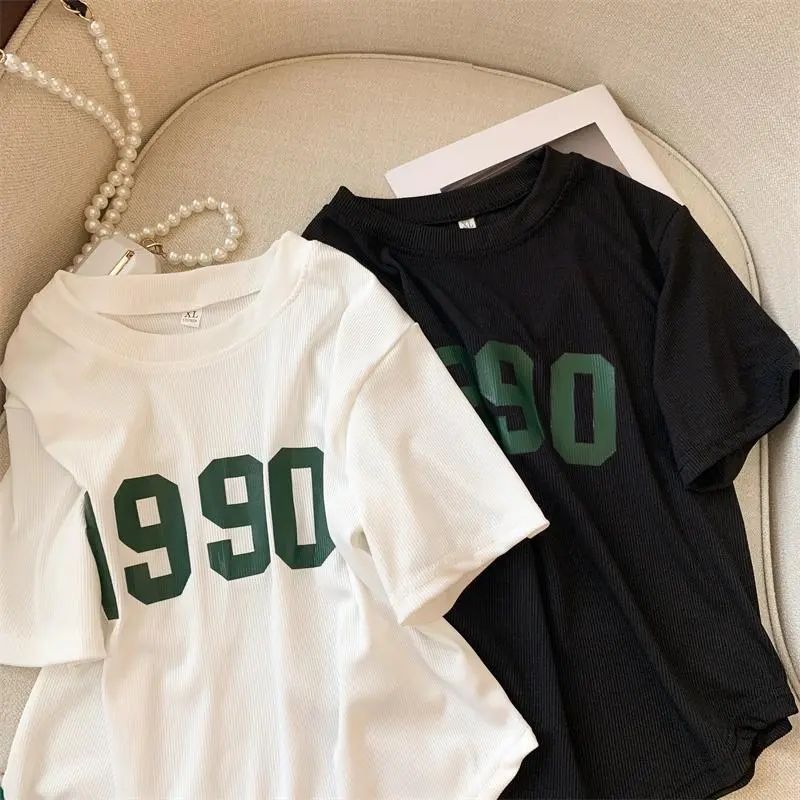 Design Sense Chic Short-sleeved T-shirt Women's Summer Round Neck Printed Base Shirt Slim-fit Short Thread Chic Trendy Top