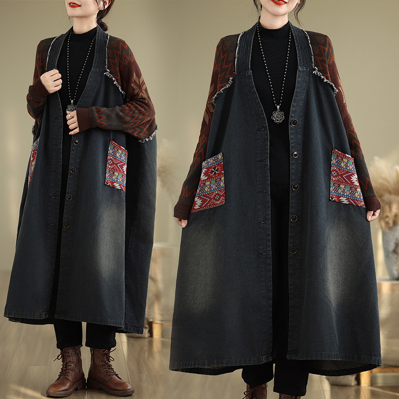 Ethnic Style Retro Knitted Raw Edge Splicing Denim Loose Large Size Covering the Flesh and Slimming over the Knee Long Windbreaker Jacket