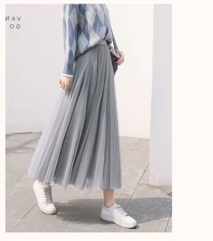 Picture of Veil Skirt Women's Skirt Spring and Autumn 2024 New Solid Color Slim A- line Skirt Mid-length Gauze Skirt