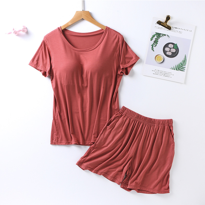 Picture of Modal Women's Suit Cup One-piece Short-sleeved Shorts Pocket-free Slimming Home Pajamas Suit Large Size Women