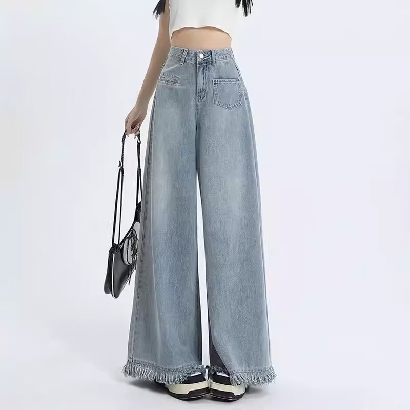 High Waist Big Horn Jeans Women's 2024 Summer New Loose Slimming Pear Figure Wide Leg Pants Instagram Style Trendy