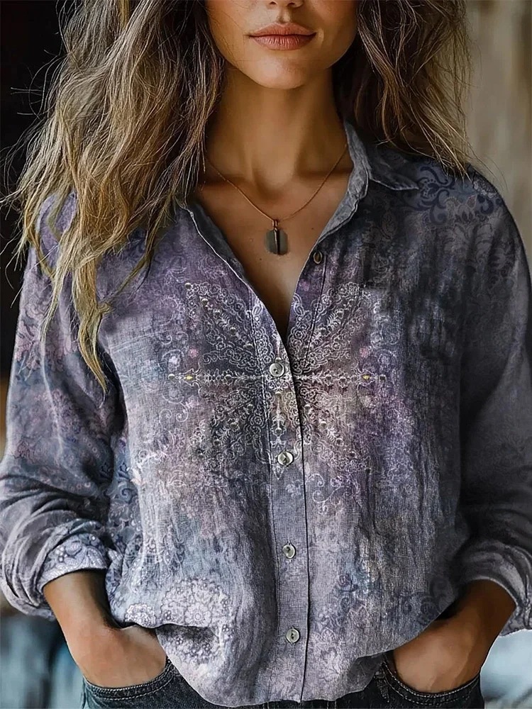 Picture of 2025 Cross-border European and American Foreign Trade Women's Spring and Summer New Retro Printed Long-sleeved Casual Shirt Imitation Cotton and Linen Shirt
