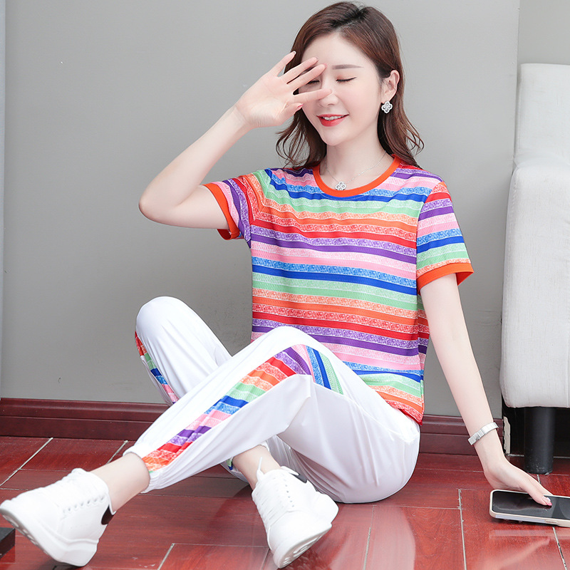 Picture of Ice Line Quick-drying Stretch Vertical Fashion Casual Sports Suit Women's Summer Thin Mesh Breathable Striped T-shirt Trendy