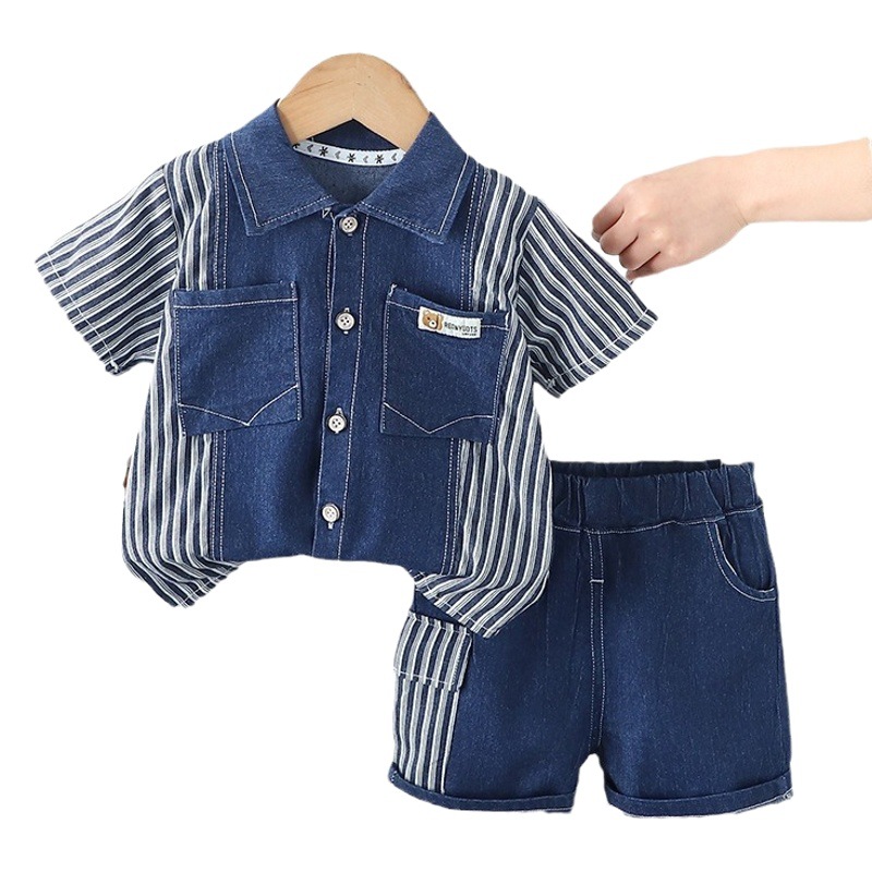 2024 new summer men's Denim color matching striped collar short sleeve casual cotton cropped pants two-piece set factory wholesale