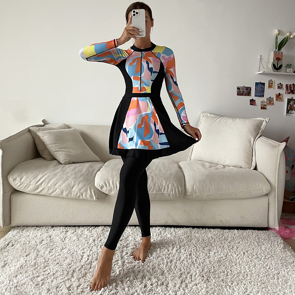 New Muslim Swimsuit Printed Long-Sleeved Conservative Fully Surrounded Swimsuit Three-Piece Set Tight Sun Protection Hot Spring Swimsuit