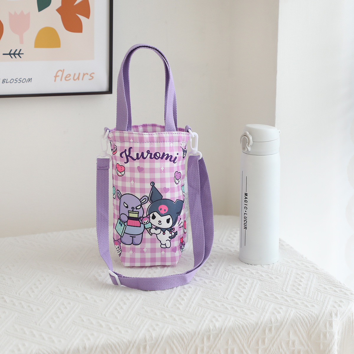 Picture of Japanese Style Cartoon Cute Canvas Water Cup Bag Crossbody Portable Dual-purpose Water Kettle Bag Outgoing Small Cloth Bag Handbag
