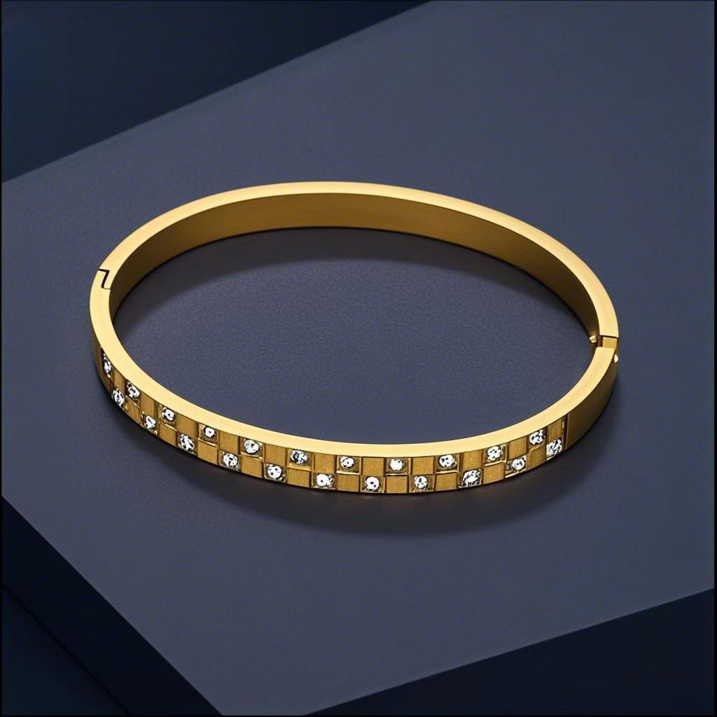 Personalized European and American Wide Version Fashionable Double Row Inlaid Zircon Geometric Small Square Titanium Steel Checkerboard Women's Simple Bracelet
