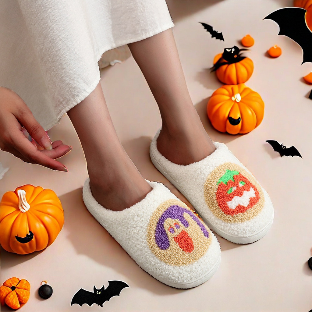 European and American Halloween Dessert Cookies, Cute Pumpkin Ghost Cotton Slippers, Personalized Fur Slippers for Men and Women, Cross-Border New