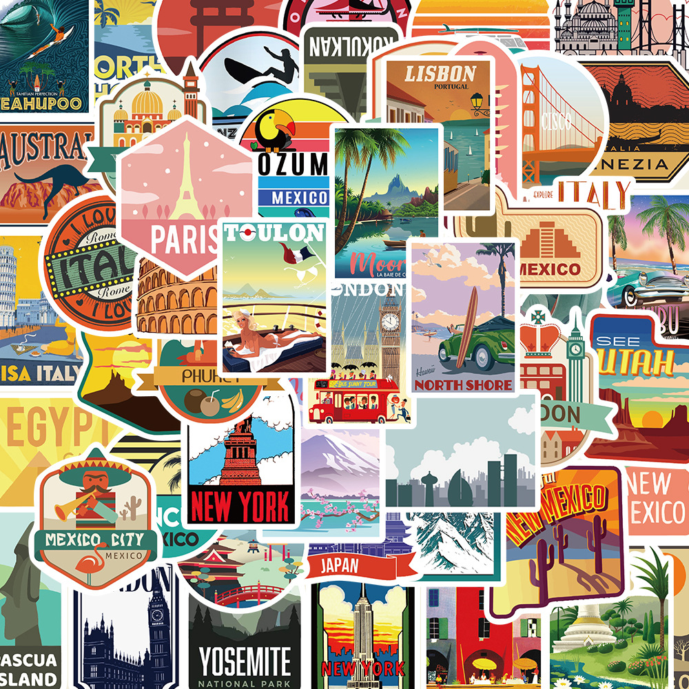 Picture of 50 pieces city travel landscape stickers luggage skateboard luggage laptop phone case body stickers waterproof
