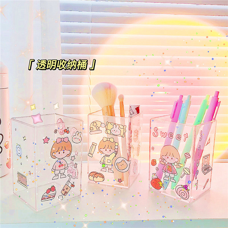 Ins transparent acrylic pen holder square round desktop storage multifunctional student stationery storage pen holder wholesale