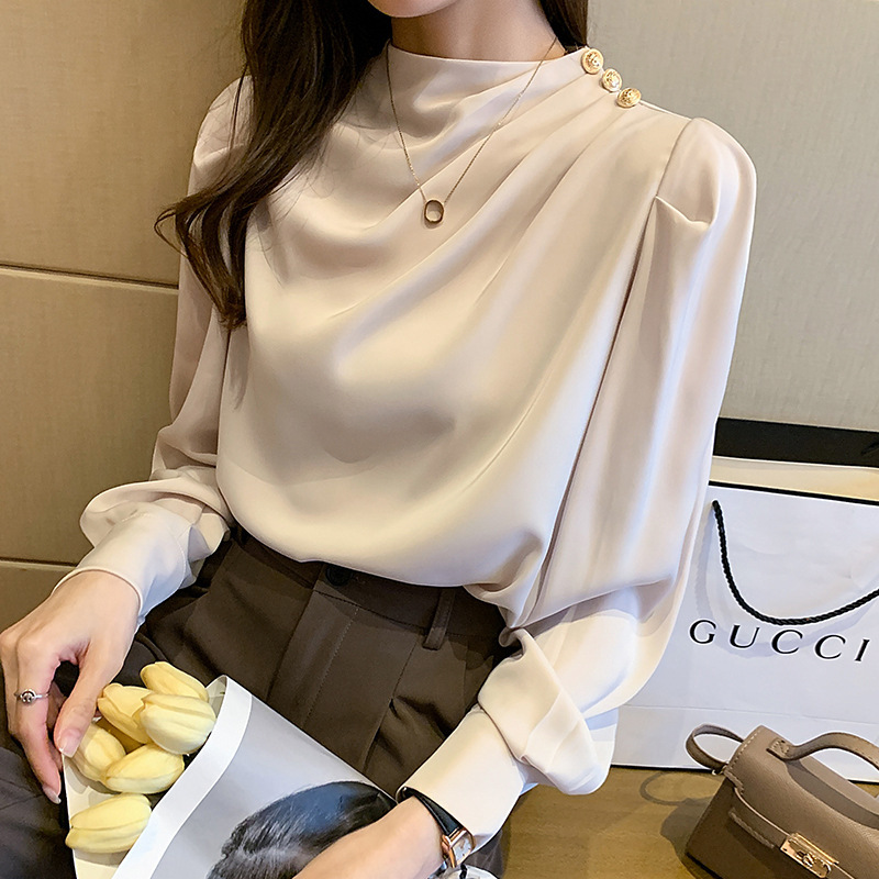 Cross-border OL light mature temperament stand collar pleated lantern sleeve fashion long sleeve top women's loose shirt