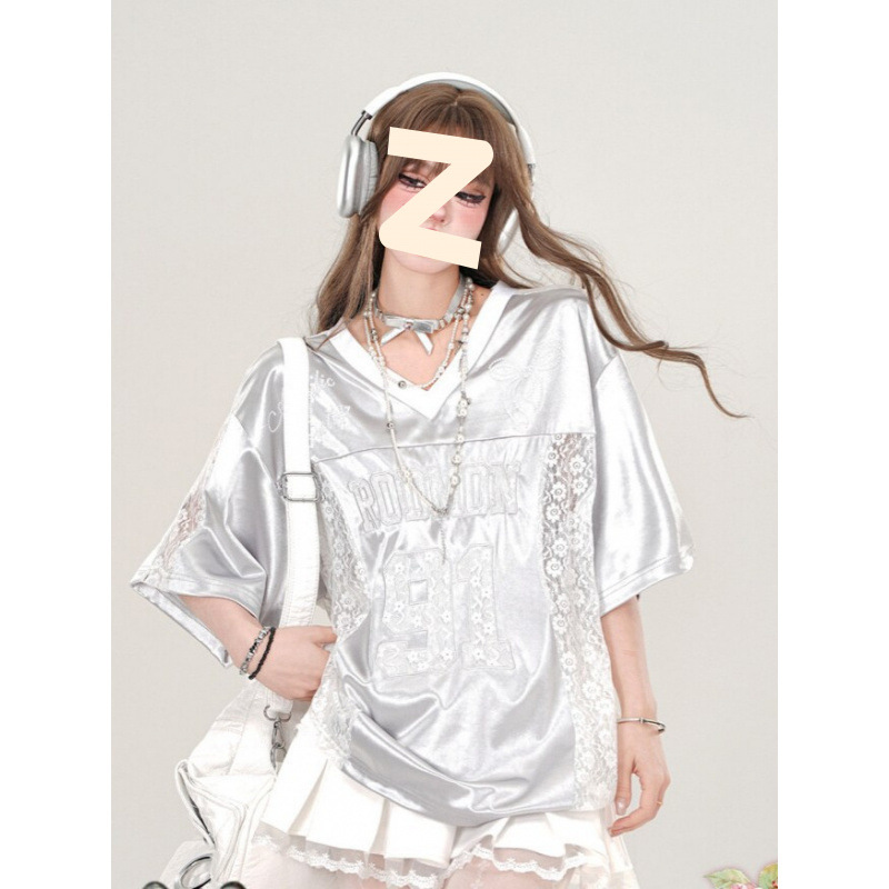 American Retro Stitching White V Neck Lace Right Shoulder Short-Sleeved T-Shirt Women's Summer New Loose Sports Couple Tops