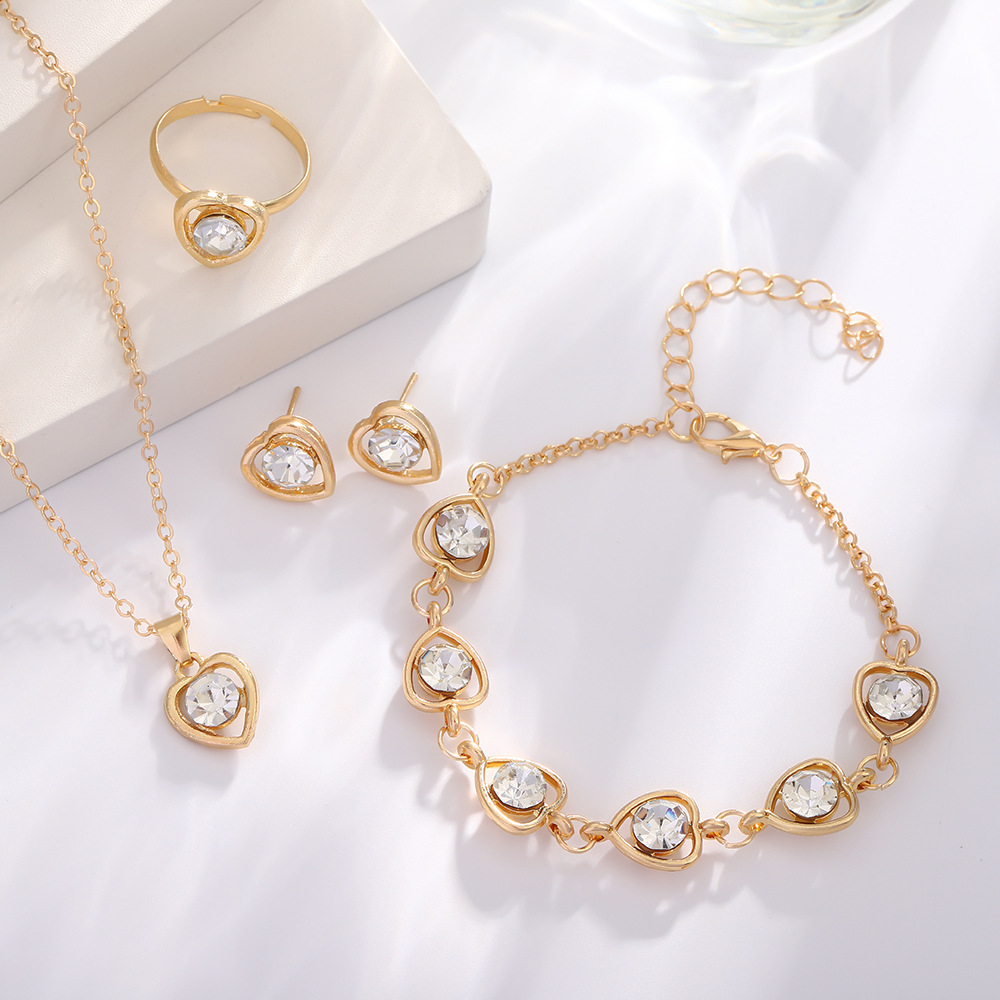 Peach Heart Necklace Earrings Ring Bracelet Four-piece Set Amazon Cross-border Jewelry European and American Temperament Love Heart-shaped Jewelry