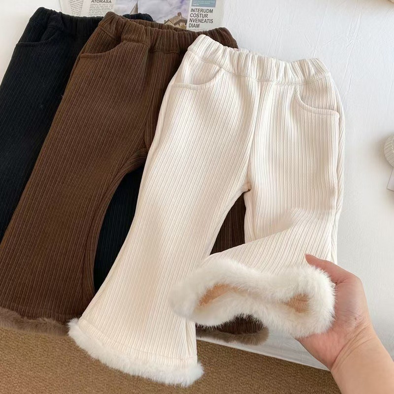 Picture of Girls' Pants Autumn and Winter 2024 New Western-style Flared Pants Small and Medium-sized Children's Fashionable Winter Women's White Fleece-Lashed Pants