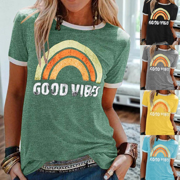 2024 Amazon Hot Selling Blouse GOOD VIBES Rainbow Pattern Printed Round Neck Short Sleeve T-Shirt