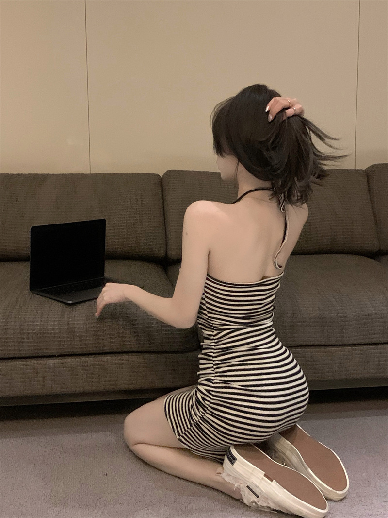 Small Summer Striped Halter Sling Dress Women's Pure Sweet Spice Girl Sexy Hip Strapless Sleeveless Dress