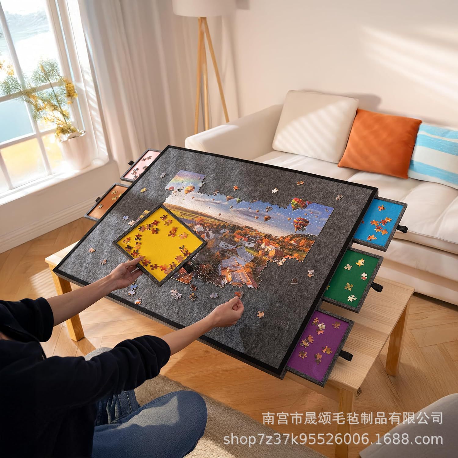 Cross-Border Exclusive New Product Felt Puzzle Board 2000 Pieces Foldableing Puzzle Classification Board 6 Drawers Convenient Puzzle Table