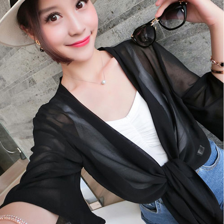 Picture of Wholesale 2025 New Korean Style Chiffon Sun Protection Clothing Fashionable Women's Black and White Shawl Jacket Beach Clothing One Piece Spread