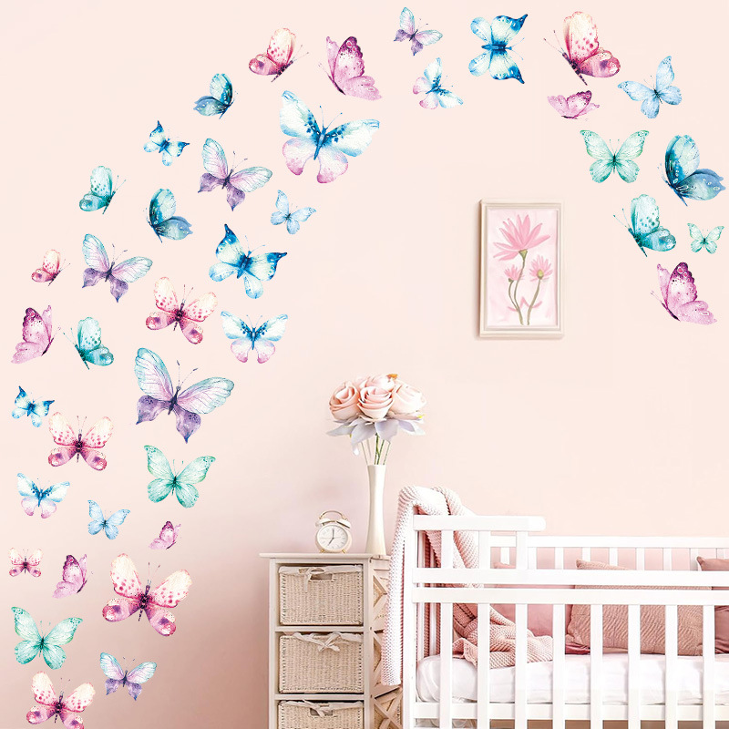New Bohemian Style Girl's Bedroom Wall Stickers Watercolor Butterfly Children's Room Wall Stickers Home Animal Decals PVC