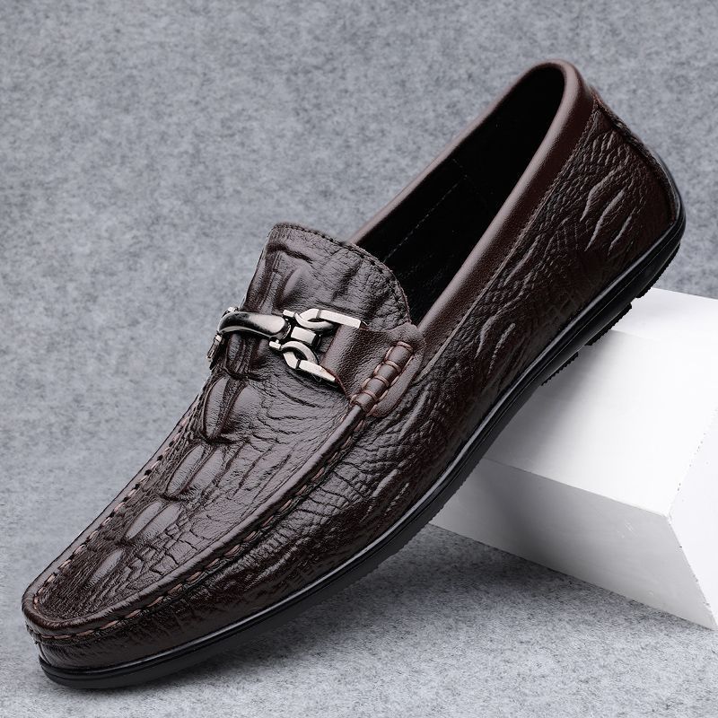 Flat Casual Shoes Men's Summer Crocodile Pattern Lazy One-Step Beanie Shoes Lightweight Soft-Sole British Leather Shoes Cross-Border