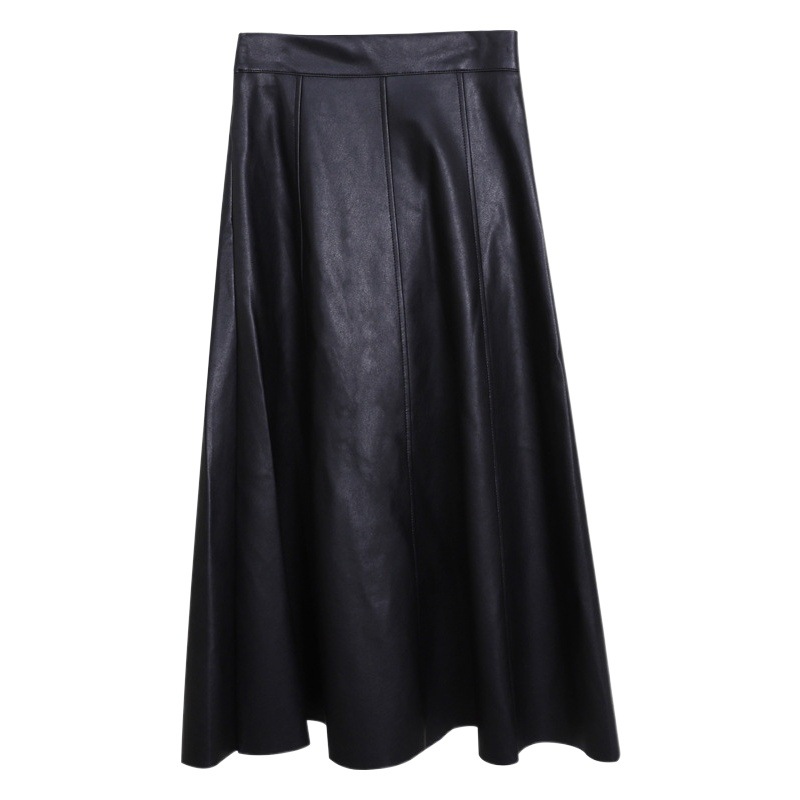 Autumn 2024 Women's High-end Elegant High-waist Skirt Leather Skirt Mid-length PU Leather High-end Large Skirt A- line Skirt