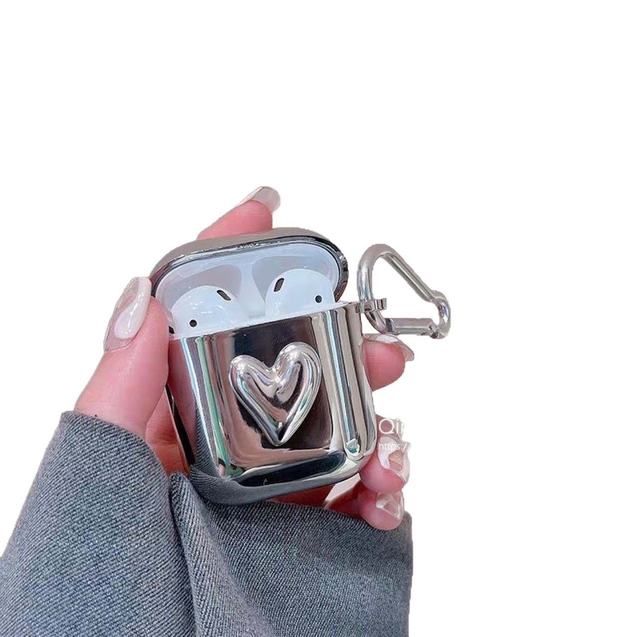Picture of Ins Style Electroplated Stereo Silver Classy Heart Suitable for Apple AirPods Wireless Bluetooth Headset Protective Case Cover
