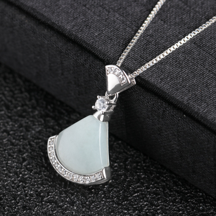 S925 Silver Inlaid A Goods Jade Pendant Natural Waxy Small Skirt Pendant Women's Fashion Necklace Necklace
